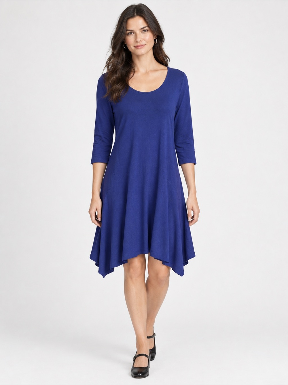 Eileen Fisher Flowy Scoop Neck Swing Shark Bite Asymmetrical Dress Royal Blue